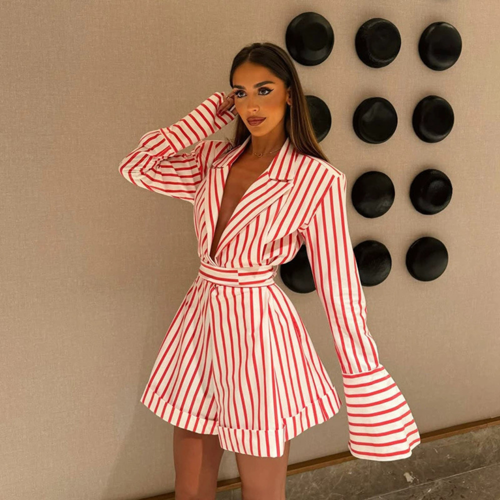 ZARA Fall Winter Chic Striped Belted Long Sleeve Lapel Loose Jumpsuit